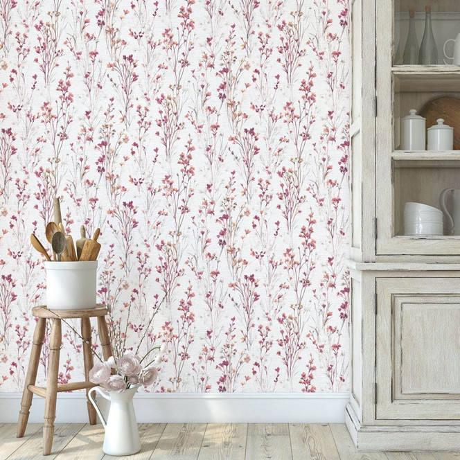 Tapete Vlies mit zarten Wiesenblumen in Rosa Weiss als florale Naturtapete