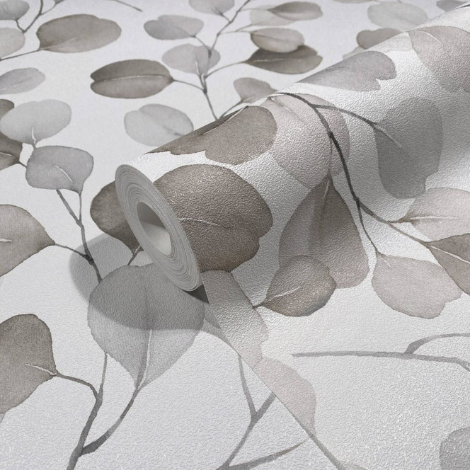Vliestapete mit gemalten Blättern weiss, braun Floral