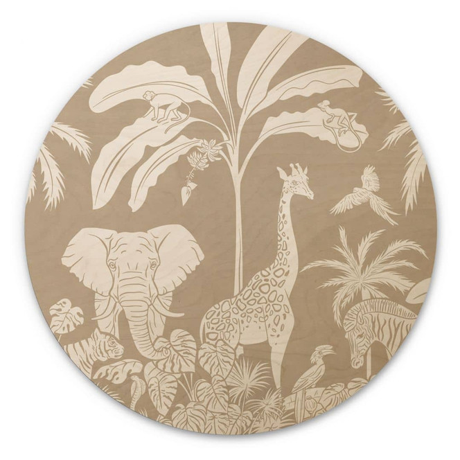 Holzbild Dschungelträume - Afrikas Tierwelt in Braun - Kikki Belle - Rund