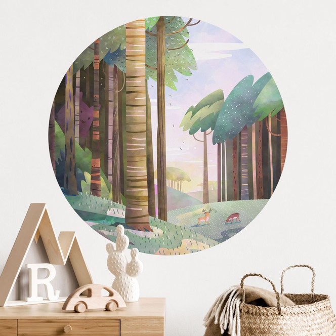 Wandtattoo Sonniger Wald mit Hirsch - DigitalArtsi - Rund
