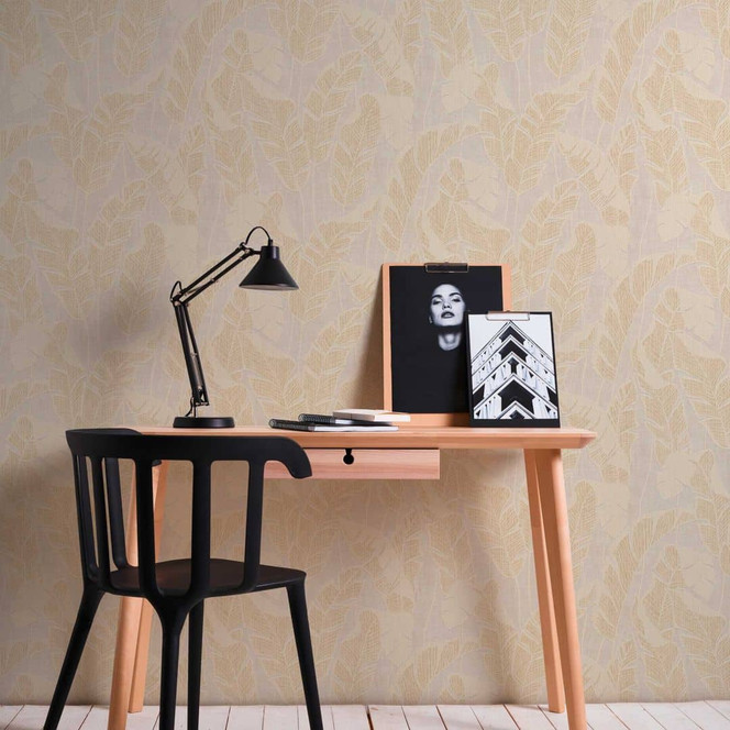 Blätter-Vliestapete leicht glänzend Weiss Gold - Florale Tapete Pflanzen