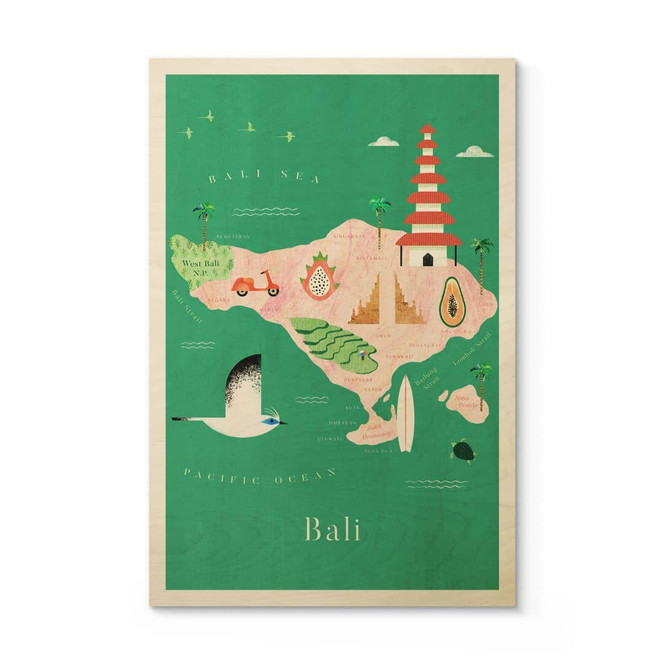 Holzbild Karte von Bali - Rivers
