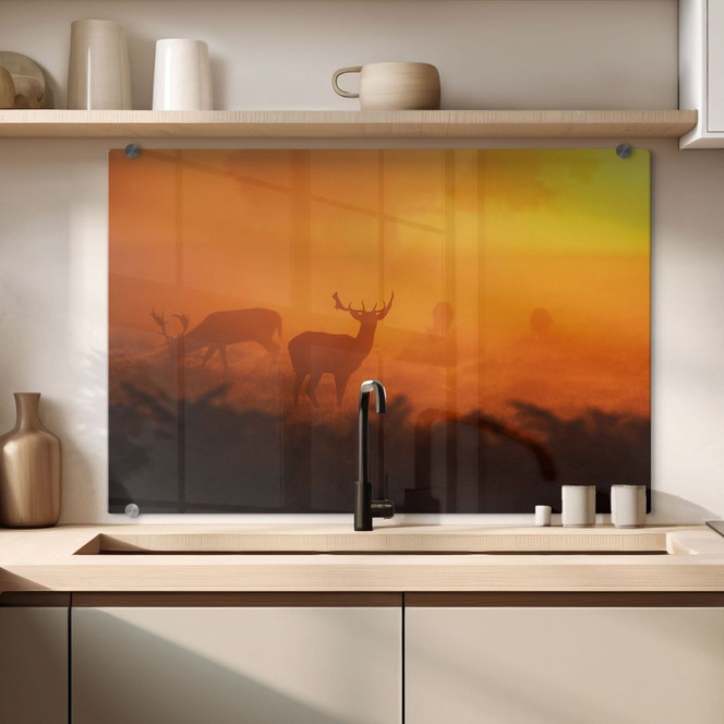 Spritzschutz Hirsche im Sonnenuntergang