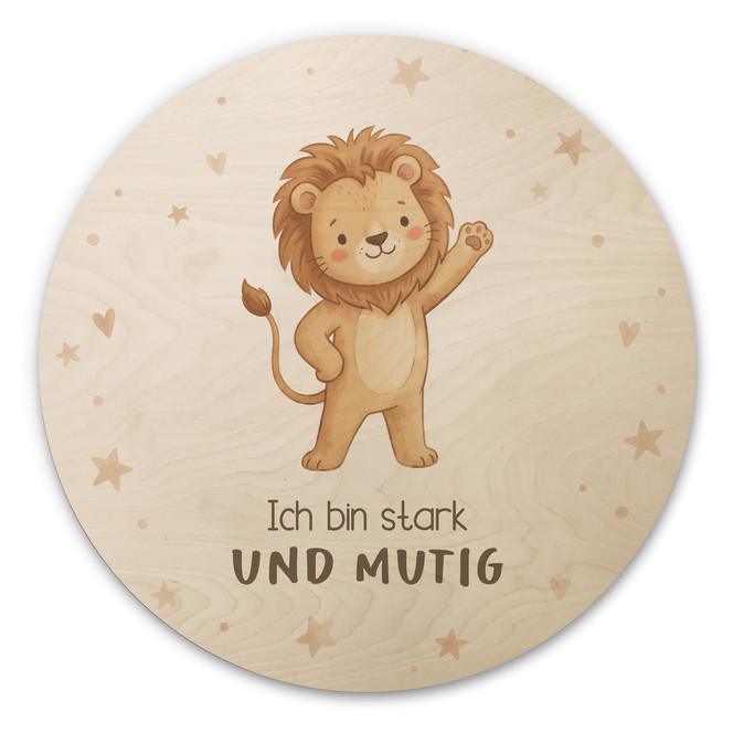 Rundes Holzbild mit Löwe - "Ich bin stark und mutig"