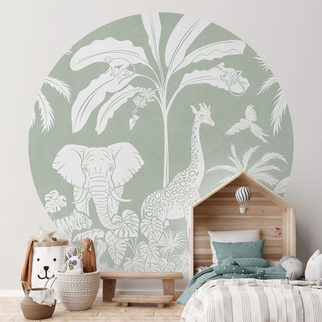 Fototapete Dschungeltiere in tropischem Grün - Kikki Belle - Rund - Selbstklebend/Vlies