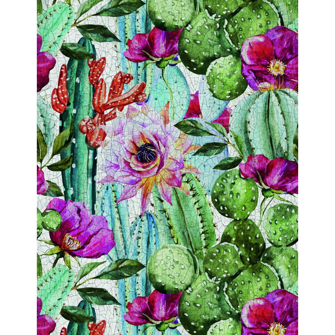 Fototapete Wandtapete mit Motiv Kakteen und pinke Blüten mit Schmetterling 3.4 x 2.65 m