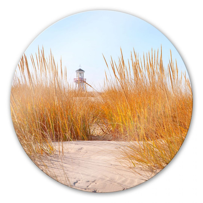 Glasbild Leuchtturm im Strandfeld - rund