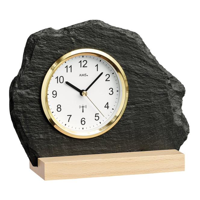 Tischuhr Funk mit Naturschiefer, Massivholz Buche, Frontring Gold
