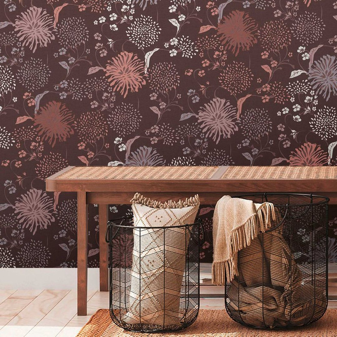 Vliestapete Floral Rot Lila - Blumentapete Blätter - Abstrakte Naturtapete