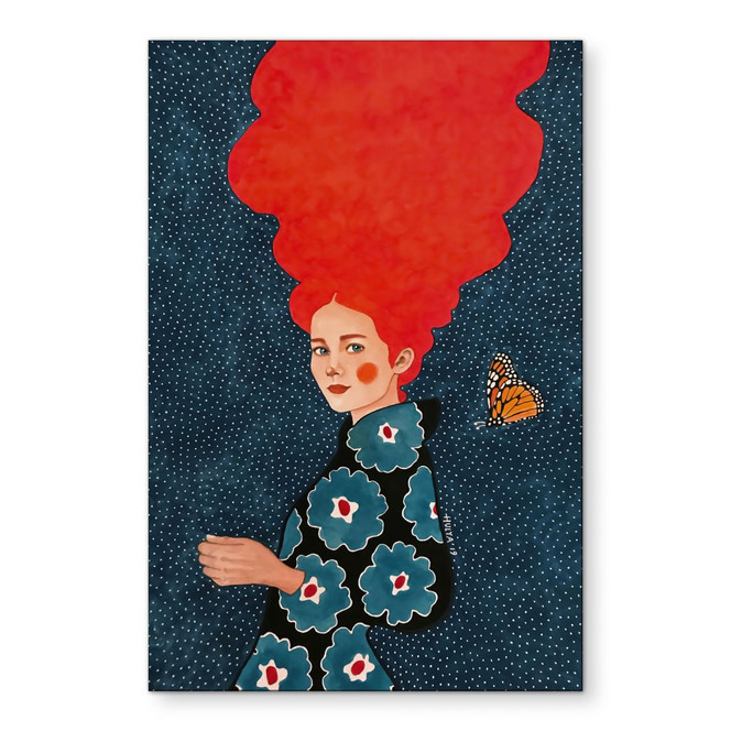 Wandbild Frau im Blumenkleid mit Schmetterling - Alu-Dibond - Hülya