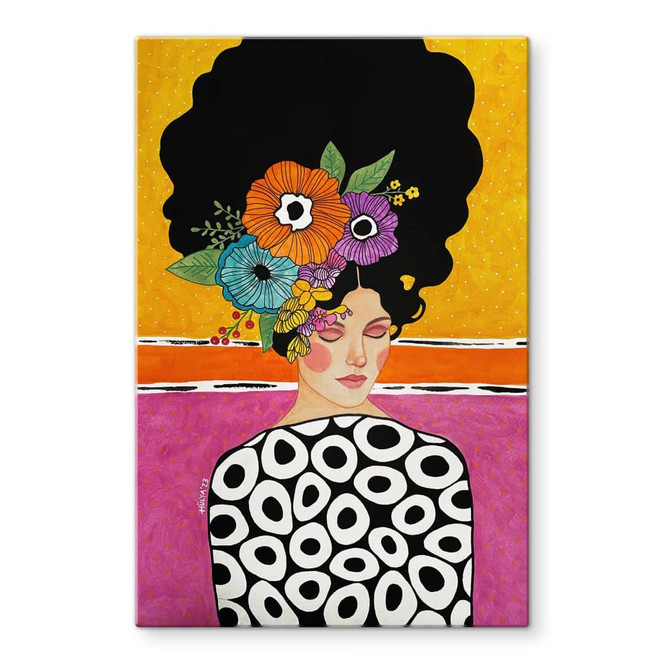 Glasbild Frau mit bunter Blumenkrone - Hülya