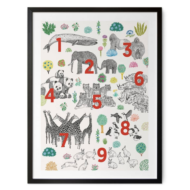 Kinderposter Illustration von Zootieren mit Zahlen - Walentynowicz