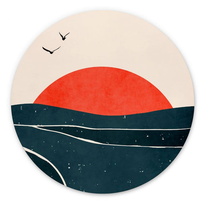 Wandbild Sonnenuntergang am Meer mit Tauben - Kubistika - Alu-Dibond - Rund