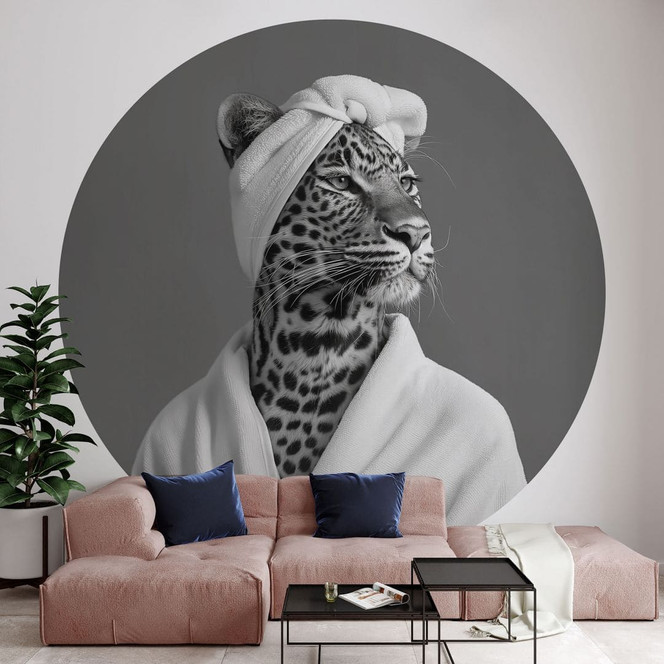 Fototapete Royale Spa-Auszeit mit Leopard | Schwarz-weisse Tiertapete - Rahner - Rund - Selbstklebend/Vlies