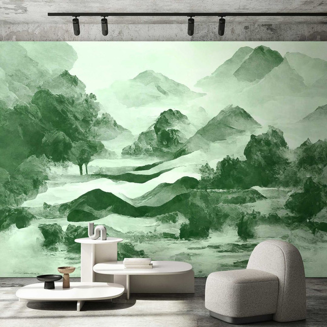 Fototapete Grüntöne Aquarell Berglandschaft Tapete - Vliestapete Natur