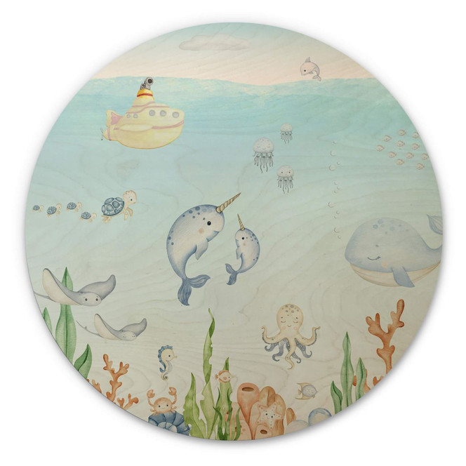 Holzbild Kinderzimmer - Niedliche Unterwasserwelt Rund - Oliver Robins