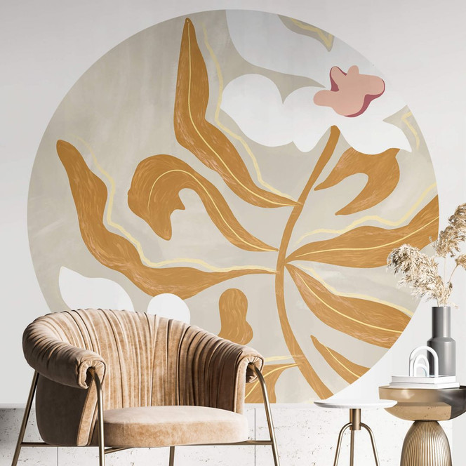 Blumen Fototapete - Weisse Blüte und goldene Blätter Rund - Arty Guava - Selbstklebend/Vlies