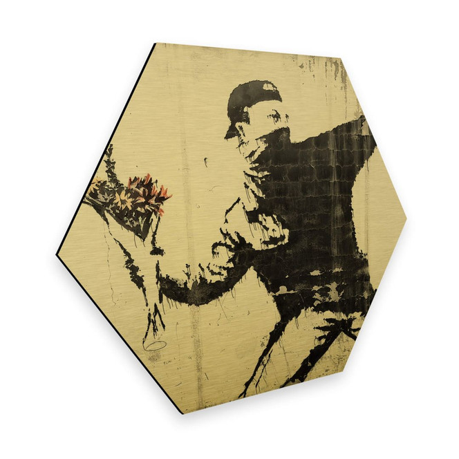 Hexagon - Alu-Dibond-Goldeffekt Banksy - Der Blumenwerfer