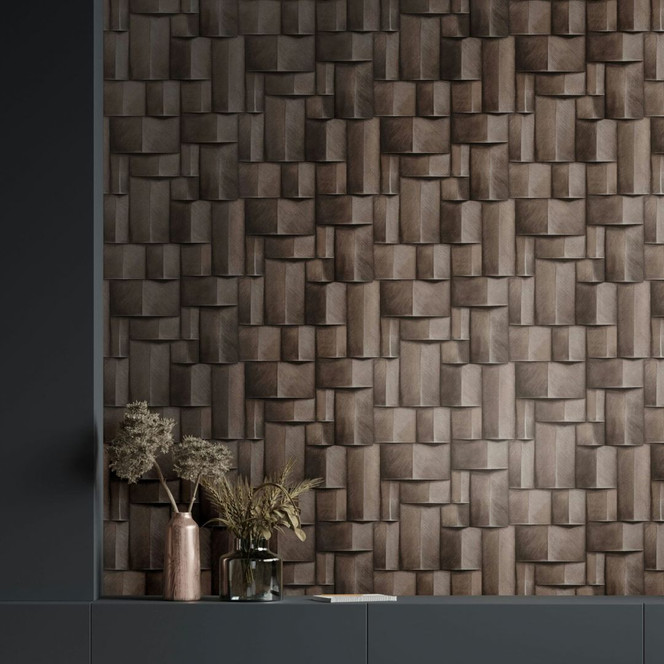 Vliestapete mit Holzmotiv geometrisch grau, braun 3D-Optik