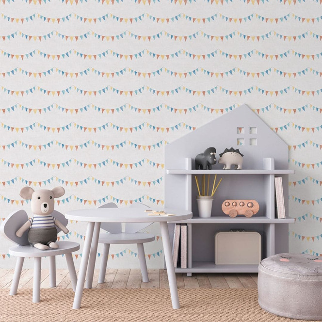 Wimpel-Tapete Bunt auf Weiss - Kinderzimmer-Tapete mit Girlanden