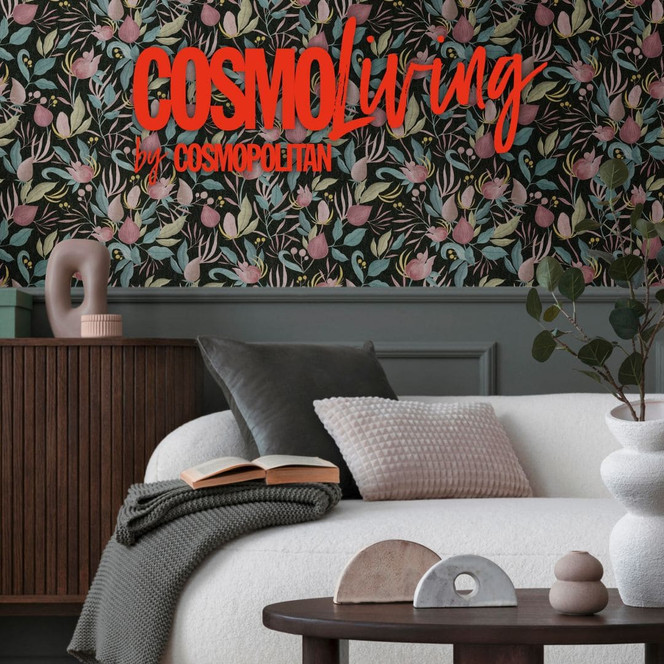 COSMOPOLITAN Blüten Tapeten Design Schwarz Rosa - Botanische Vliestapete modern
