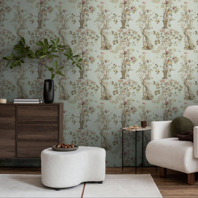 Florale Mustertapete mit Schmetterlingen Mint Grün Rosa - Vliestapete Naturmotiv