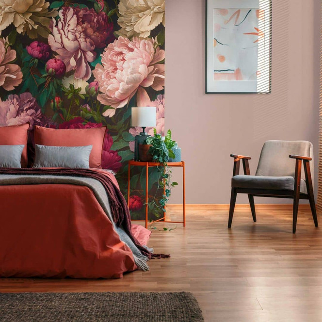 Fototapete Blumen Dunkelrot Rosa - Vliestapete für Schlafzimmer - Romantisches Design