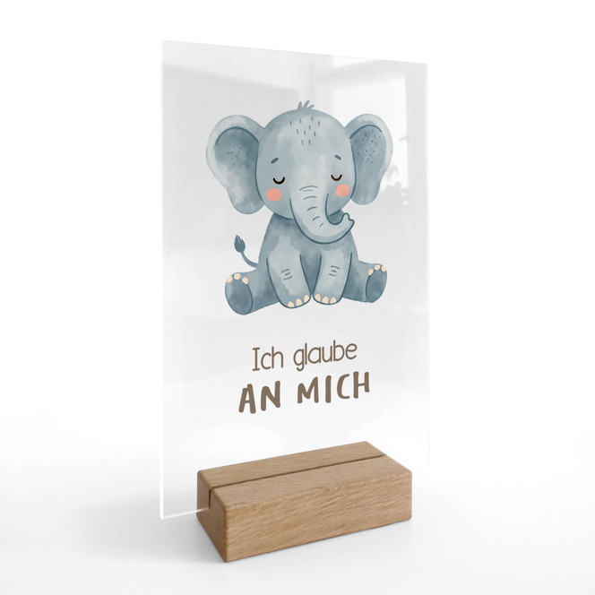 Tischaufsteller mit Elefant - kindgerechter Mutmachspruch "Ich glaube an mich"