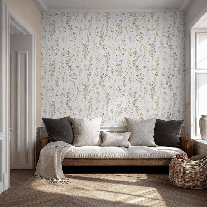 Vliestapete mit zarten Wiesenblumen in Gelb Weiss als florale Naturtapete