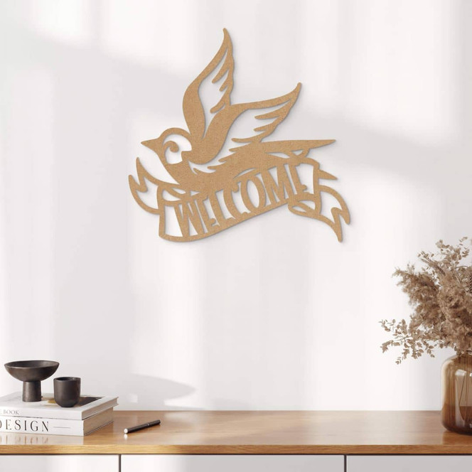 3D Schriftzug Welcome - Vogel Türschild - MDF Natur