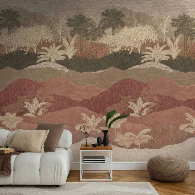 Vlies Fototapete Landschaft mit Bäumen Braun Creme Rot matt erweiterbar 1.59 x 2.80 m Tapete