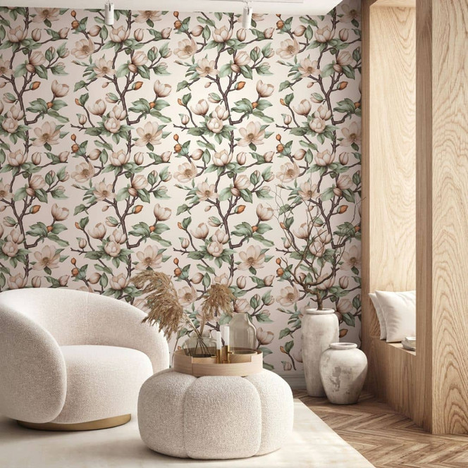 Vliestapete Äste, Blumen Floral Natur matt in Beige Braun Grün