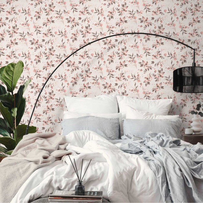 Florale Aquarell-Tapete Rosa Grau – Vliestapete mit Blättern und Zweigen