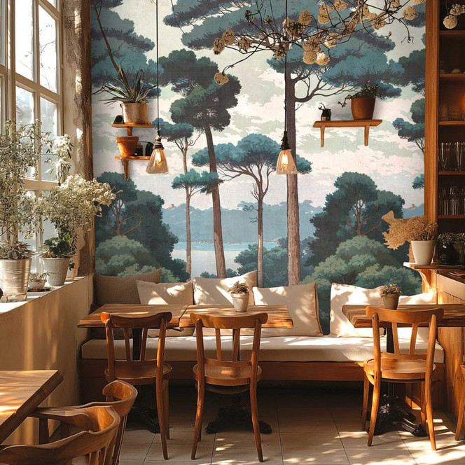 Fototapete Waldlandschaft Kiefern Grau Grün – Vliestapete erweiterbar