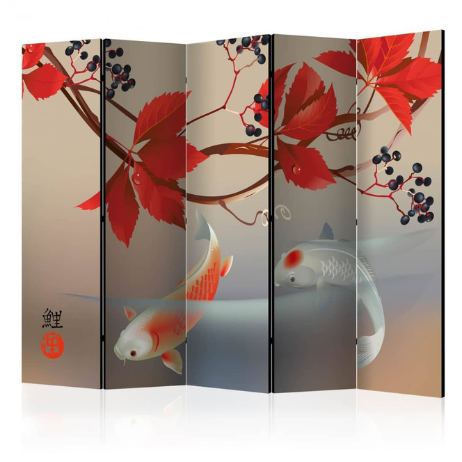 Paravent, Raumteiler freistehend, Trennwand - Koi tanzen im Garten , 5-teilig - 225 x 172 cm