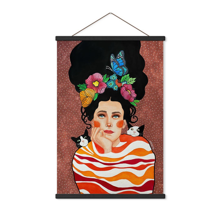 Stoffbild Frau mit Blumenkrone und Katzen - Hülya - WA500345