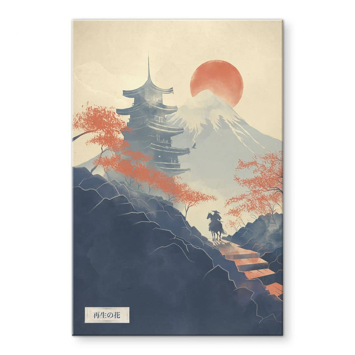 Acrylglasbild Sonnenaufgang über der Pagode | Japan Landschaft - Roze - WA435104