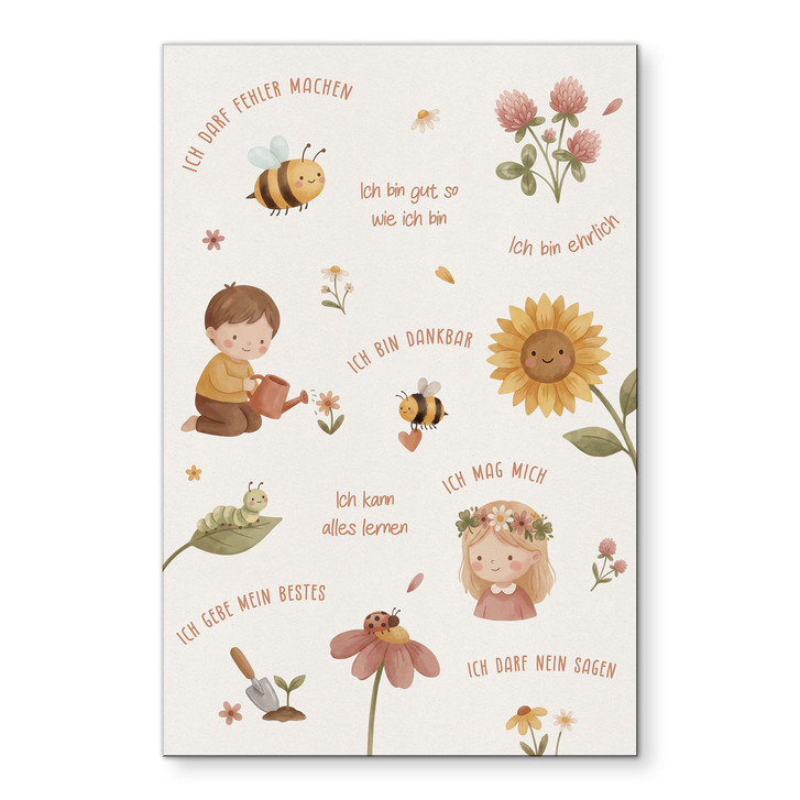 Alu-Dibond Wandbild - Affirmationen Blumen mit Biene und Sonnenblume fürs Kinderzimmer - WA517556