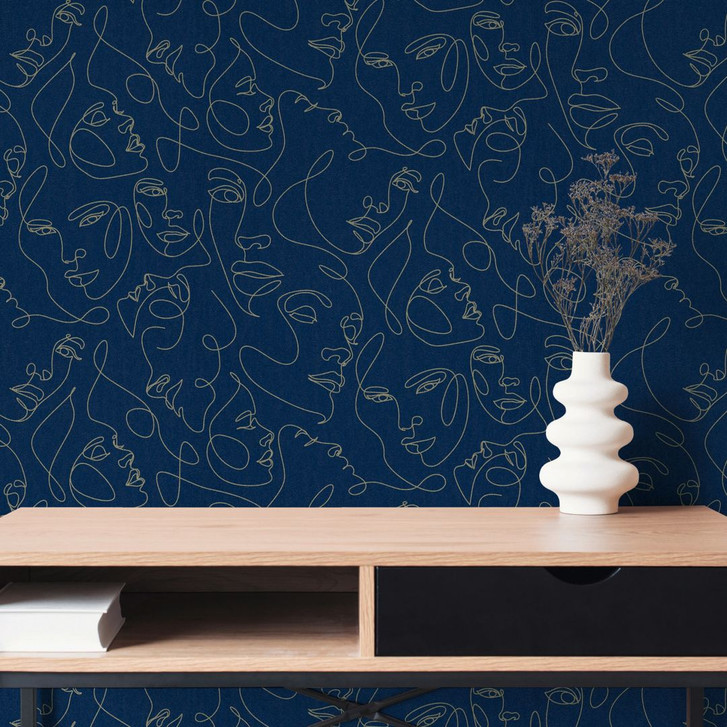 Gesichter-Tapete Dunkelblau Gold - Vliestapete Line-Art modern elegant Kunst - WA509596