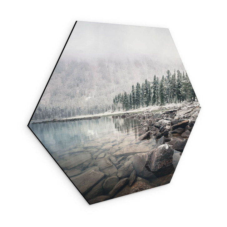 Hexagon Wandbild Winterwald am See - Rostovskiy - Alu-Dibond - WA491371