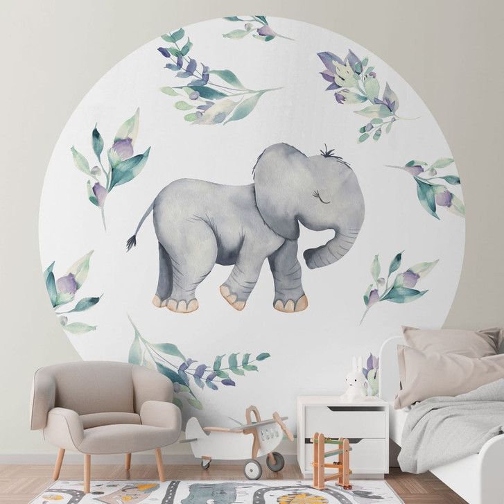 Fototapete Niedlicher Babyelefant zwischen Boho-Zweigen - UN Designs - Rund - Selbstklebend/Vlies - WA470137