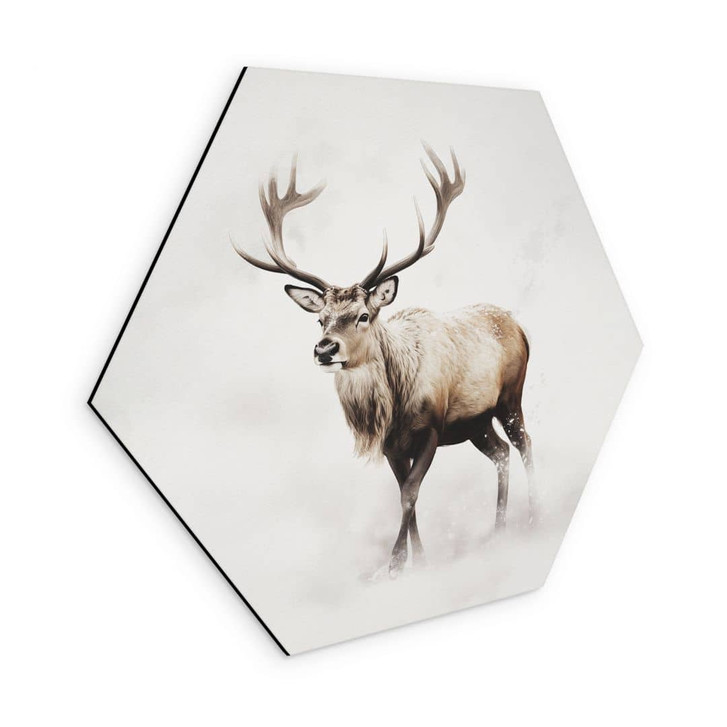 Hexagon Wandbild Hirsch im weissen Winter - Magnusson - Alu-Dibond - WA491636