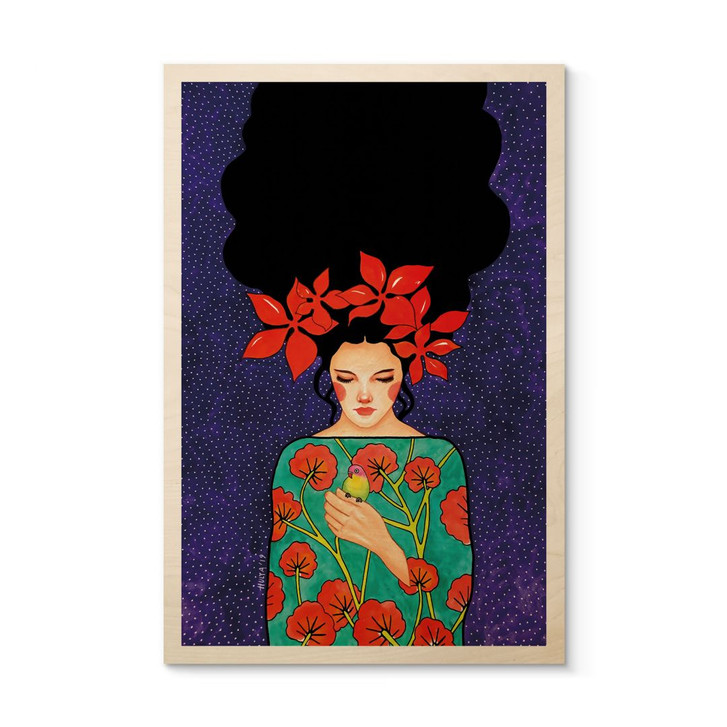 Holzbild Frau mit roter Blütenkrone und Vogel - Hülya - WA485612
