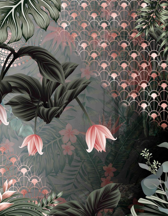 Fototapete Bildtapete Art-déco Kranich im Dschungel mit Blüten und Fächermuster 3.4 x 2.65 m - WA505283