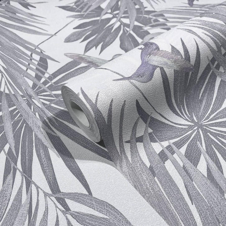 Vliestapete mit Kolibri und Blättern weiss, grau Floral - WA508482