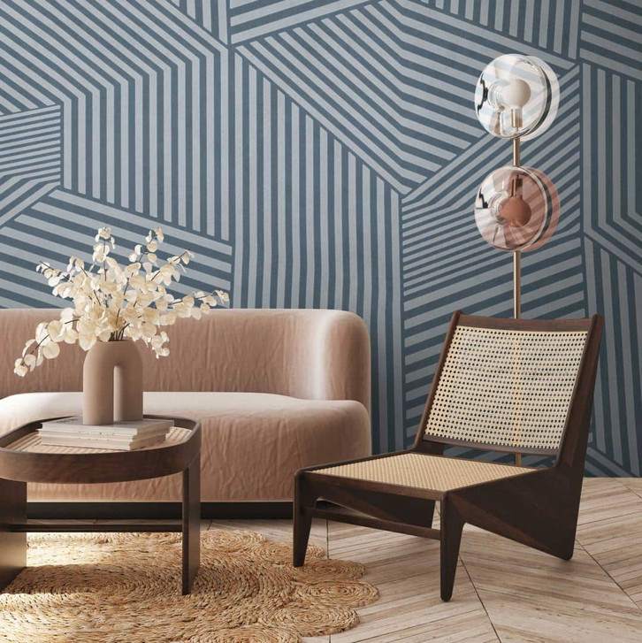 3D Fototapete Geometrisch Blau Grau - Vliestapete mit Streifenmuster für Wohnzimmer & Büro - WA418397