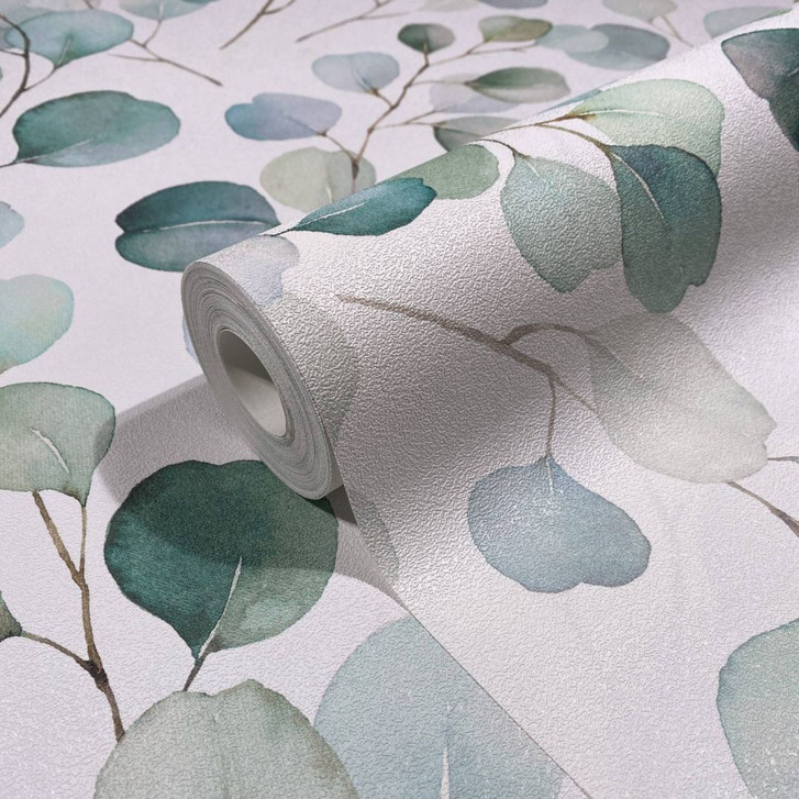 Vliestapete mit gemalten Blättern weiss, grün Floral - WA508492