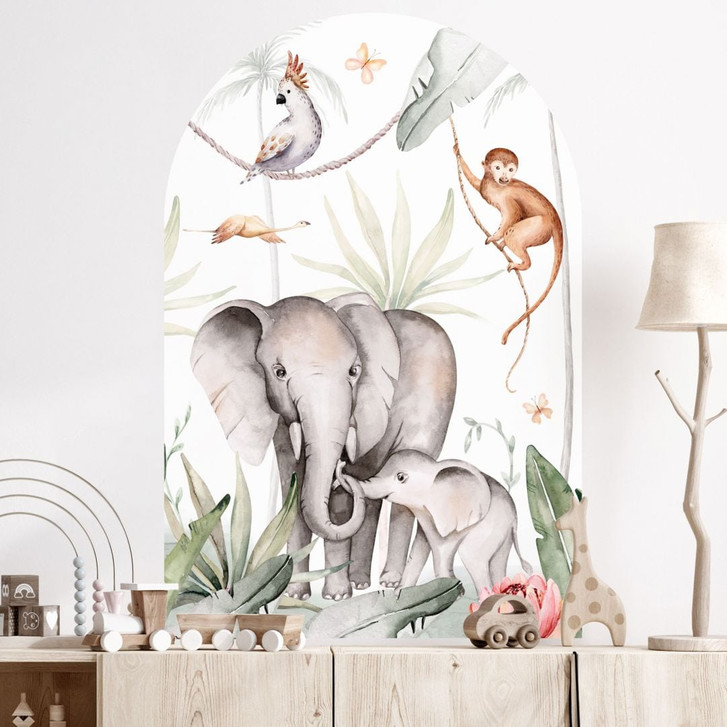 Wandtattoo Rundbogen Wandpaneel Afrikanische Tiere im Regenwald - Kvilis - breit - WA500936