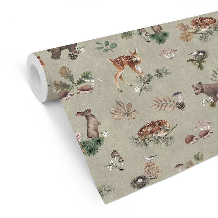 Mustertapete Rehkitz und Waldfreunde - Tiere für Kinder - grün - Kikki Belle - WA432723