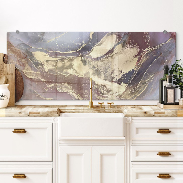 Spritzschutz Edle Strukturen in Gold und Violett - Shelest - Panorama - WA486055